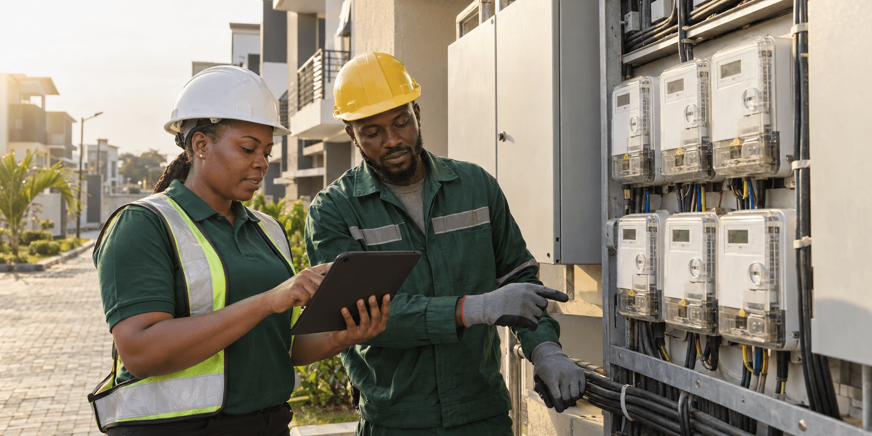 A Nigerian utility operations team reviewing a smart meter installation